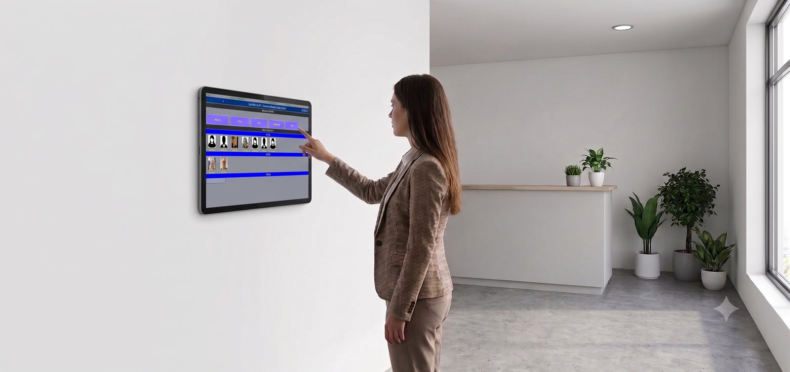 A member of staff tapping in at a wall-mounted MEIDS access monitor by a building entrance, showing the Who's In page