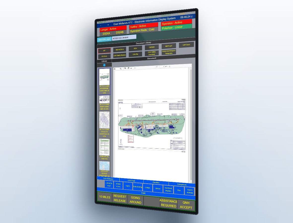 A MEIDS terminal showing the document library - AIP, internal docs, CAP493, MATS Part 2 and CAA safety notices - with an aerodrome chart open in the viewer
